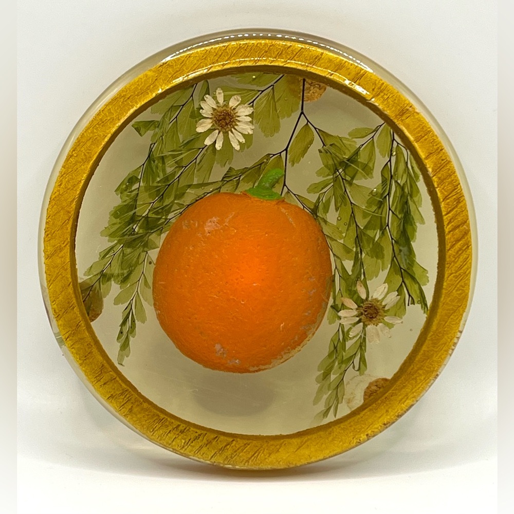 Vintage Lucite Acrylic Pressed Flowers Mandarin Round Trivet 5 in Diameter